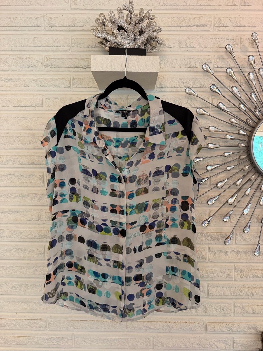 NIC+ZOE Multicolor Dot Print Blouse with Black Shoulder Panels
